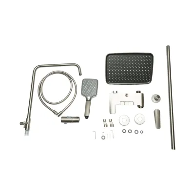 Set dus Premium multifunctional de perete din cupru, 3 functii curgere apa, dus dreptunghiular tip ploaie, para de dus, gri grafit satinat - imagine 2