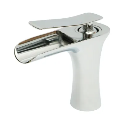 Baterie lavoar baie Premium din cupru, pipa tip cascada, design rotund, monocomanda, crom lucios, furtunuri incluse