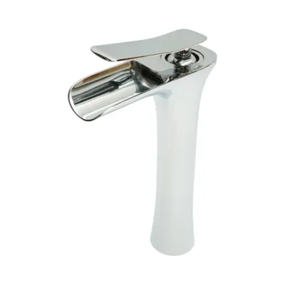 Baterie lavoar baie inalta Premium din cupru, pipa tip cascada, design rotund, monocomanda, crom lucios, furtunuri incluse