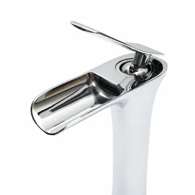 Baterie lavoar baie inalta Premium din cupru, pipa tip cascada, design rotund, monocomanda, crom lucios, furtunuri incluse - imagine 10