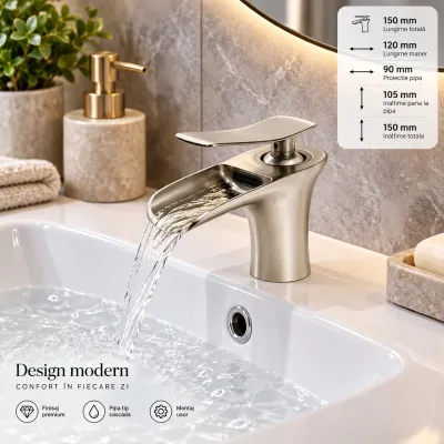 Baterie lavoar baie Premium din cupru, pipa tip cascada, design rotund, monocomanda, argintiu satinat, furtunuri incluse - imagine 7