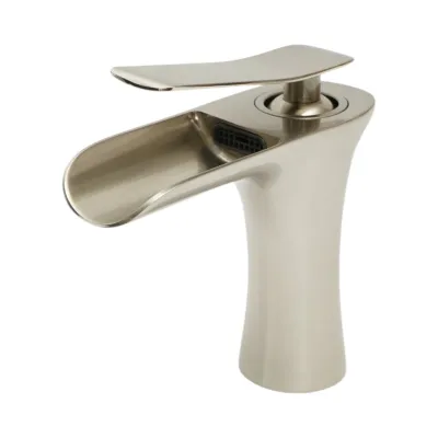 Baterie lavoar baie Premium din cupru, pipa tip cascada, design rotund, monocomanda, argintiu satinat, furtunuri incluse