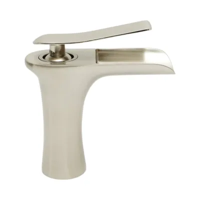 Baterie lavoar baie Premium din cupru, pipa tip cascada, design rotund, monocomanda, argintiu satinat, furtunuri incluse - imagine 5