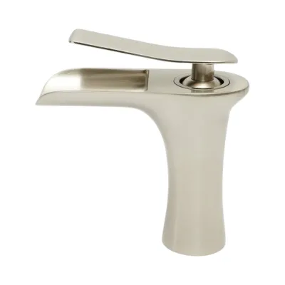 Baterie lavoar baie Premium din cupru, pipa tip cascada, design rotund, monocomanda, argintiu satinat, furtunuri incluse - imagine 3