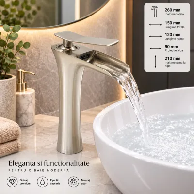 Baterie lavoar baie inalta Premium din cupru, pipa tip cascada, design rotund, monocomanda, argintiu satinat, furtunuri incluse - imagine 7