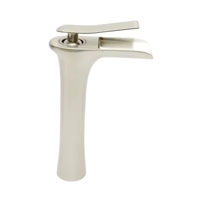 Baterie lavoar baie inalta Premium din cupru, pipa tip cascada, design rotund, monocomanda, argintiu satinat, furtunuri incluse - imagine 5