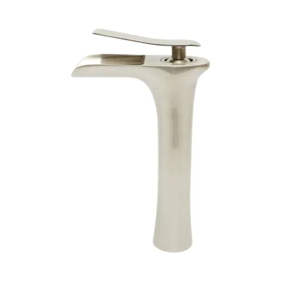 Baterie lavoar baie inalta Premium din cupru, pipa tip cascada, design rotund, monocomanda, argintiu satinat, furtunuri incluse - imagine 3