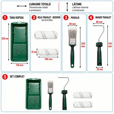 Set mini trafalet cu 2 role acrilice 10cm, pensula plata 38mm, maner 2K, tavita vopsea, rezerva tavita 6 piese Breckner Germany - imagine 4