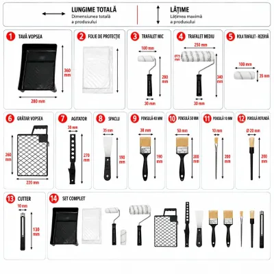 Set vopsit si zugravit cu trafaleti poliester 10cm, 25cm, 4 pensule, spaclu, mixer, tavita vopsea, gratar, folie protectie, cutter 15 piese Breckner Germany - imagine 2