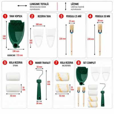 Set vopsit cu mini trafalet 55mm, 2 role burete, 2 role poliester, 2 pensule rotunde, recipient vopsea 10 piese Breckner Germany - imagine 4