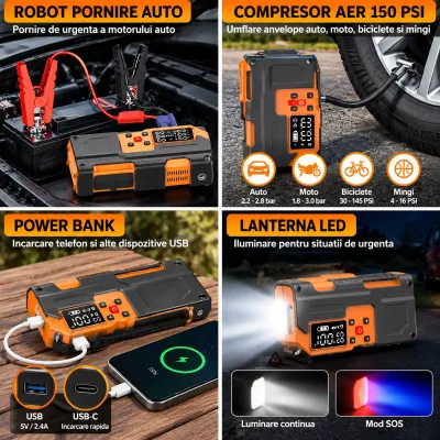 Robot pornire auto cu compresor aer portabil digital 150PSI, 12V, 120W, baterie Li-ion 8000mAh, Power Bank, lanterna LED, port USB/USB-C Breckner Germany - imagine 5