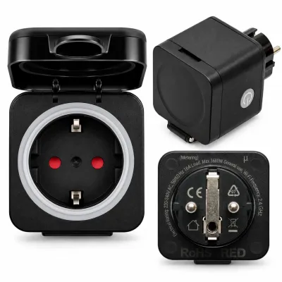 Priza inteligenta smart Wi-Fi neagra cu capac 220V, 50/60Hz, 16A, 3680W, monitorizare consum, Bluetooth, aplicatie Tuya Smart Life