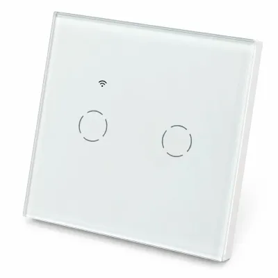 Intrerupator inteligent smart Wi-Fi touch dublu alb 220V, 2000W, rama sticla 86x86x33mm, aplicatie Tuya Smart Life, compatibil Alexa si Google Home