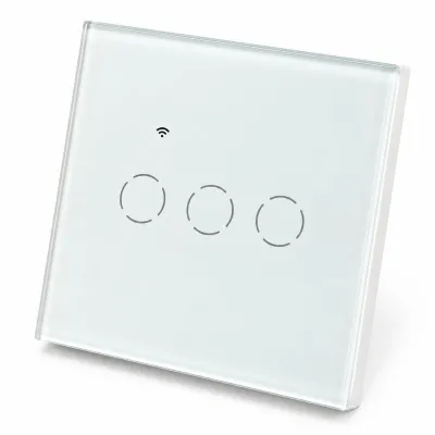 Intrerupator inteligent smart Wi-Fi touch triplu alb 220V, 2000W, rama sticla 86x86x33mm, aplicatie Tuya Smart Life, compatibil Alexa si Google Home
