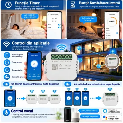 Modul intrerupator inteligent smart Wi-Fi Matter 1 canal 100-240V, 10A, montaj in doza, aplicatie Tuya Smart Life, compatibil Alexa si Google Home - imagine 5