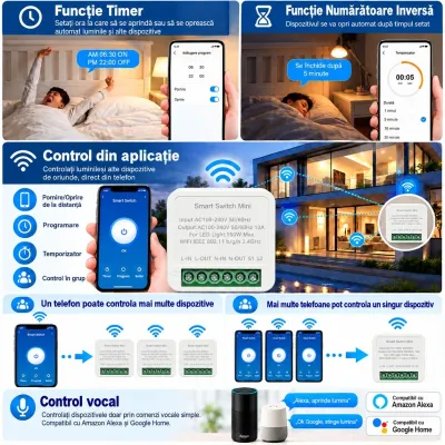 Mini modul intrerupator inteligent smart Wi-Fi 1 canal 100-240V, 10A, LED 150W, montaj in doza, aplicatie Tuya Smart Life, compatibil Alexa si Google Home - imagine 3