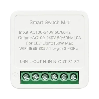 Mini modul intrerupator inteligent smart Wi-Fi 1 canal 100-240V, 10A, LED 150W, montaj in doza, aplicatie Tuya Smart Life, compatibil Alexa si Google Home
