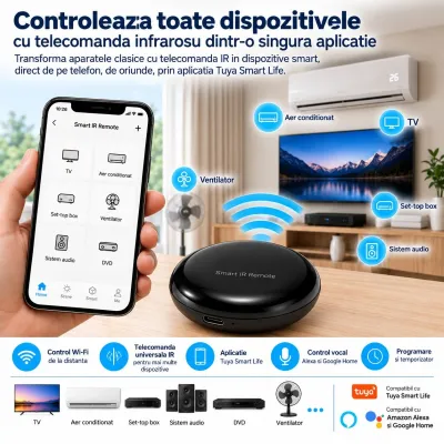Telecomanda universala inteligenta smart Wi-Fi IR Blaster 2.4GHz, raza 10m, aplicatie Tuya Smart Life, compatibila Alexa si Google Home - imagine 3