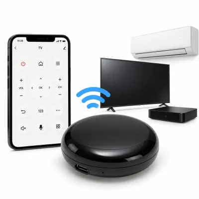 Telecomanda universala inteligenta smart Wi-Fi IR Blaster 2.4GHz cu senzor temperatura si umiditate, raza 10m, aplicatie Tuya Smart Life, compatibila Alexa si Google Home