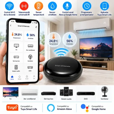 Telecomanda universala inteligenta smart Wi-Fi IR Blaster 2.4GHz cu senzor temperatura si umiditate, raza 10m, aplicatie Tuya Smart Life, compatibila Alexa si Google Home - imagine 3