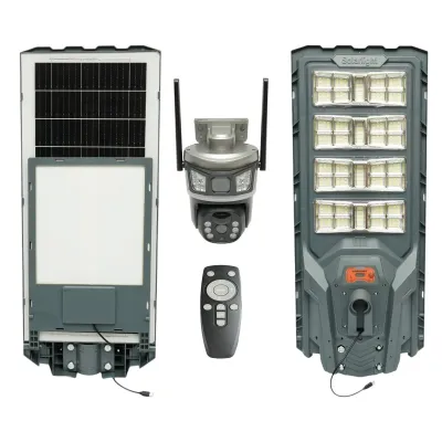 Lampa solara LED iluminat stradal 800W cu camera supraveghere duala 6MP Wi-Fi, panou solar 40W, baterie LiFePO4 30000mAh, PTZ 360, night vision, detectie PIR Ai, aplicatie V380 Pro