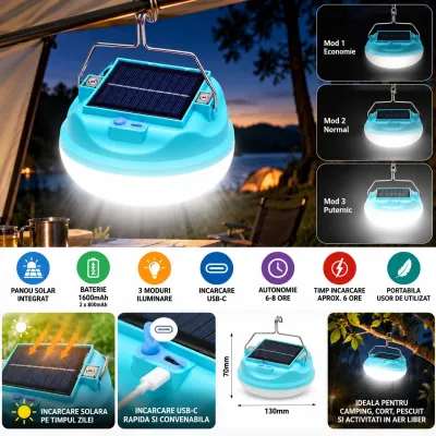 Lampa solara portabila LED 200W, baterie 1600mAh, 3 moduri iluminare, incarcare USB-C 130x70mm albastra - imagine 5
