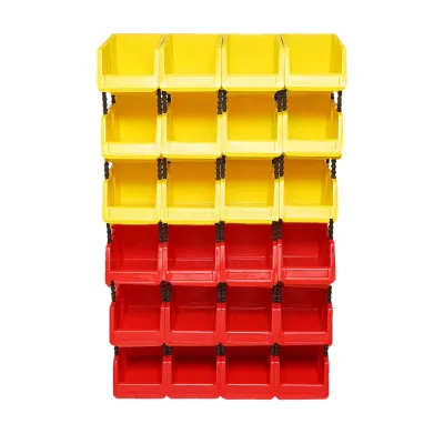 Stand cu 24 cutii pentru depozitare / organizare, cutie din plastic rosie, galbena,700x300x1150mm