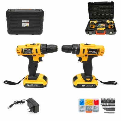 Set 2 masini de gaurit si insurubat cu si fara percutie, 2 acumulatori 18V, 1.5Ah Li-ion, LED, cuplu 18-35Nm, mandrina 10mm, 0-350/1350rpm, burghie, biti, dibluri, suruburi 68 piese Breckner Germany