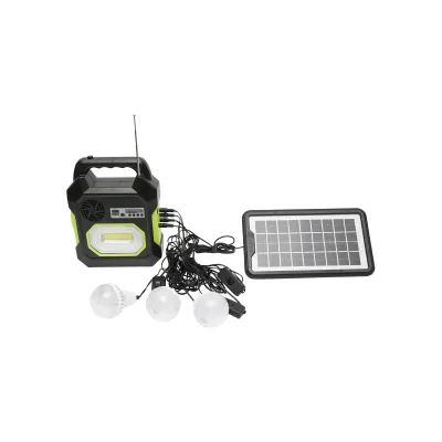 Kit iluminat portabil LED cu 3 becuri/proiector, radio FM panou solar si baterie 6V, 4.5 Ah pentru pescuit camping GD-15