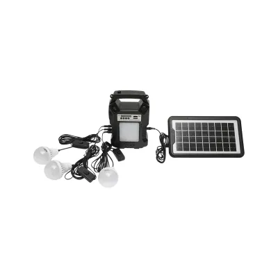 Kit iluminat portabil LED cu 3 becuri/proiector, radio FM, telecomanda panou solar si baterie 6V, 3 Ah pentru pescuit camping GD-8060