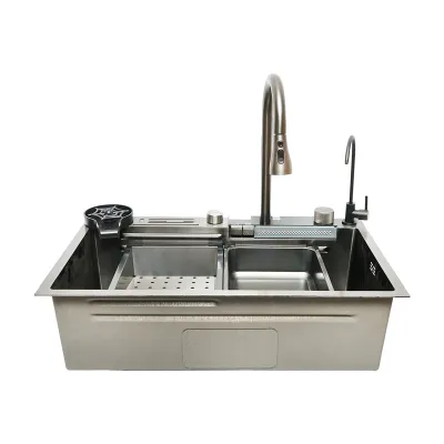 Chiuveta bucatarie multifunctionala din otel inoxidabil cu doua baterii, afisaj digital temperatura, functie cascada, spalator pahare, scurgator, tava, tocator si accesorii scurgere incluse, dimensiune 75x46x23.5cm