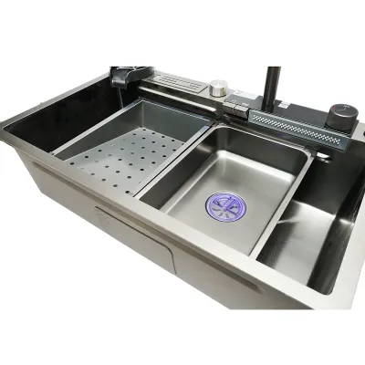 Chiuveta bucatarie multifunctionala din otel inoxidabil cu doua baterii, afisaj digital temperatura, functie cascada, spalator pahare, scurgator, tava, tocator si accesorii scurgere incluse, dimensiune 75x46x23.5cm - imagine 6