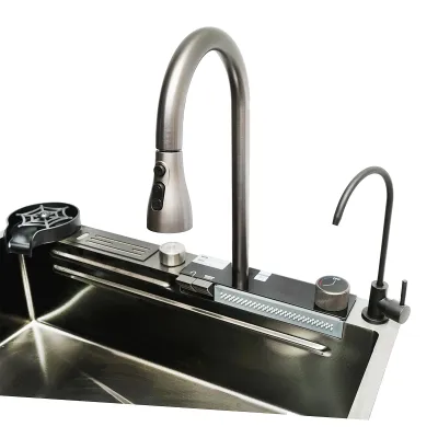 Chiuveta bucatarie multifunctionala din otel inoxidabil cu doua baterii, afisaj digital temperatura, functie cascada, spalator pahare, scurgator, tava, tocator si accesorii scurgere incluse, dimensiune 75x46x23.5cm - imagine 9