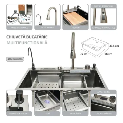 Chiuveta bucatarie multifunctionala din otel inoxidabil cu doua baterii, afisaj digital temperatura, functie cascada, dozator sapun, scurgator, tava, tocator si accesorii scurgere incluse, dimensiune 75x46x23.5cm - imagine 2