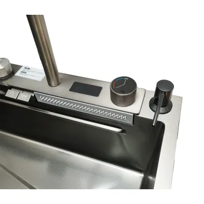 Chiuveta bucatarie multifunctionala din otel inoxidabil cu doua baterii, afisaj digital temperatura, functie cascada, dozator sapun, scurgator, tava, tocator si accesorii scurgere incluse, dimensiune 75x46x23.5cm - imagine 8