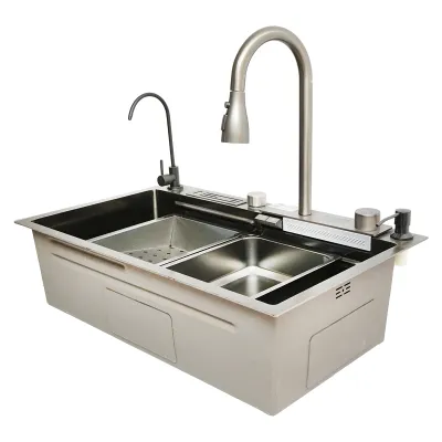Chiuveta bucatarie multifunctionala din otel inoxidabil cu doua baterii, afisaj digital temperatura, functie cascada, dozator sapun, scurgator, tava, tocator si accesorii scurgere incluse, dimensiune 75x46x23.5cm - imagine 5