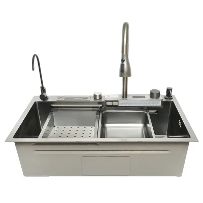 Chiuveta bucatarie multifunctionala din otel inoxidabil cu doua baterii, afisaj digital temperatura, functie cascada, dozator sapun, scurgator, tava, tocator si accesorii scurgere incluse, dimensiune 75x46x23.5cm