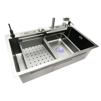 Chiuveta bucatarie multifunctionala din otel inoxidabil cu doua baterii, afisaj digital temperatura, functie cascada, dozator sapun, scurgator, tava, tocator si accesorii scurgere incluse, dimensiune 75x46x23.5cm - imagine 6