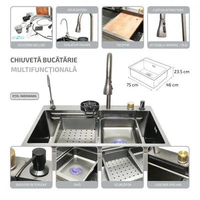 Chiuveta bucatarie multifunctionala din otel inoxidabil cu doua baterii, functie cascada, dozator sapun, spalator pahare, scurgator, tava, tocator si accesorii scurgere incluse, dimensiune 75x46x23.5cm - imagine 2