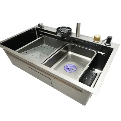Chiuveta bucatarie multifunctionala din otel inoxidabil cu doua baterii, functie cascada, dozator sapun, spalator pahare, scurgator, tava, tocator si accesorii scurgere incluse, dimensiune 75x46x23.5cm - imagine 5
