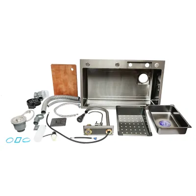 Chiuveta bucatarie multifunctionala din otel inoxidabil cu doua baterii, functie cascada, dozator sapun, spalator pahare, scurgator, tava, tocator si accesorii scurgere incluse, dimensiune 75x46x23.5cm - imagine 3