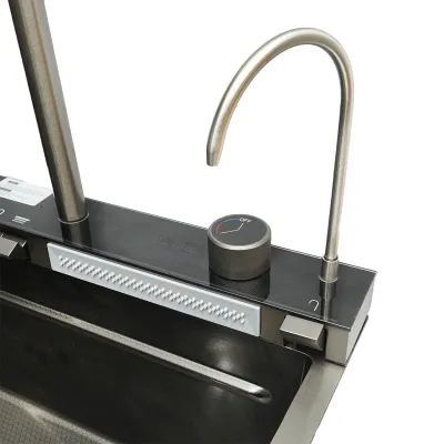 Chiuveta bucatarie multifunctionala din otel inoxidabil cu doua baterii, afisaj digital temperatura, doua cascade, dozator sapun, spalator pahare, scurgator, tava, tocator si accesorii scurgere incluse, dimensiune 75x46x23.5cm - imagine 8