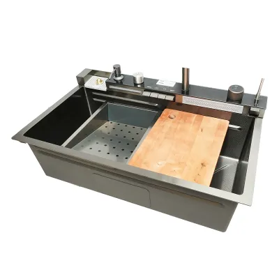Chiuveta bucatarie multifunctionala din otel inoxidabil cu doua baterii, afisaj digital temperatura, doua cascade, dozator sapun, spalator pahare, scurgator, tava, tocator si accesorii scurgere incluse, dimensiune 75x46x23.5cm - imagine 6