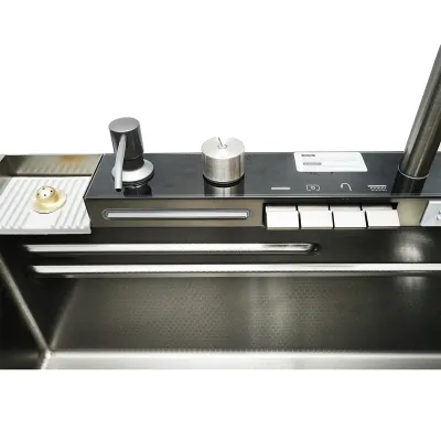Chiuveta bucatarie multifunctionala din otel inoxidabil cu doua baterii, afisaj digital temperatura, doua cascade, dozator sapun, spalator pahare, scurgator, tava, tocator si accesorii scurgere incluse, dimensiune 75x46x23.5cm - imagine 7