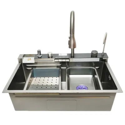 Chiuveta bucatarie multifunctionala din otel inoxidabil cu doua baterii, afisaj digital temperatura, doua cascade, dozator sapun, spalator pahare, scurgator, tava, tocator si accesorii scurgere incluse, dimensiune 75x46x23.5cm