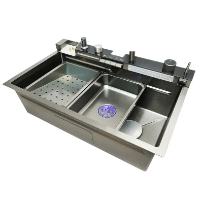 Chiuveta bucatarie multifunctionala din otel inoxidabil cu doua baterii, afisaj digital temperatura, doua cascade, dozator sapun, spalator pahare, scurgator, tava, tocator si accesorii scurgere incluse, dimensiune 75x46x23.5cm - imagine 5