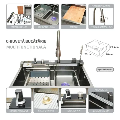 Chiuveta bucatarie multifunctionala din otel inoxidabil cu doua baterii, afisaj digital temperatura, doua cascade, dozator sapun, spalator pahare, scurgator, tava, tocator si accesorii scurgere incluse, dimensiune 75x46x23.5cm - imagine 2