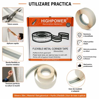 Banda protectie colturi rigips cu insertie metalica 50mm x 30m HighPower - imagine 4