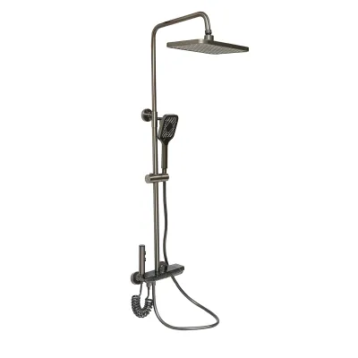 Set dus multifunctional cu termostat, afisaj digital temperatura apa, 4 functii de curgere a apei, pipa cada, dus dreptunghiular, dus de mana, dus bideu, gri