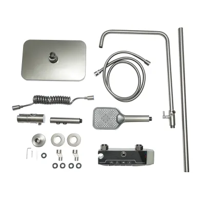 Set dus multifunctional cu termostat, afisaj digital temperatura apa, 4 functii de curgere a apei, pipa cada, dus dreptunghiular, dus de mana, dus bideu, gri - imagine 2